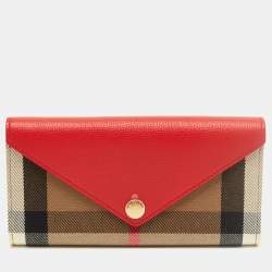مملوكة مسبقًا Burberry Halton Red/Beige Leather and House Check Canvas Continental Wallet