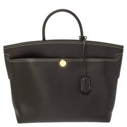 Pre Owned Burberry Dark Brown Leather Society Top Handle Bag
