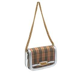 Pre Owned Burberry Silver/Beige Haymarket Check Canvas and Leather Link Flap Shoulder Bag