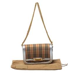 Pre Owned Burberry Silver/Beige Haymarket Check Canvas and Leather Link Flap Shoulder Bag
