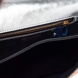 Pre Owned Burberry Silver/Beige Haymarket Check Canvas and Leather Link Flap Shoulder Bag