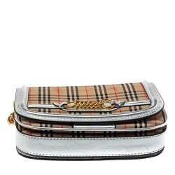 Pre Owned Burberry Silver/Beige Haymarket Check Canvas and Leather Link Flap Shoulder Bag