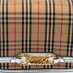Pre Owned Burberry Silver/Beige Haymarket Check Canvas and Leather Link Flap Shoulder Bag