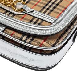 Pre Owned Burberry Silver/Beige Haymarket Check Canvas and Leather Link Flap Shoulder Bag