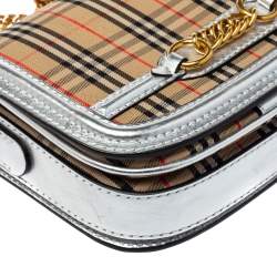 Pre Owned Burberry Silver/Beige Haymarket Check Canvas and Leather Link Flap Shoulder Bag