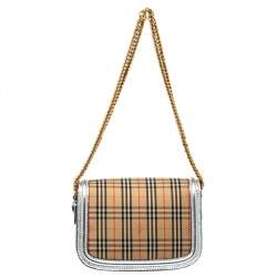 Pre Owned Burberry Silver/Beige Haymarket Check Canvas and Leather Link Flap Shoulder Bag