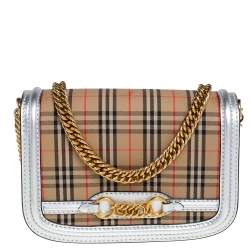 Pre Owned Burberry Beige/Silver House Check Canvas and Leather Link Flap Shoulder Bag