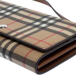 Pre Owned Burberry Malt Brown Vintage Check PVC Hannah Wallet On Strap