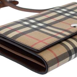 Pre Owned Burberry Malt Brown Vintage Check PVC Hannah Wallet On Strap