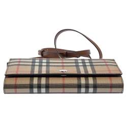 Pre Owned Burberry Malt Brown Vintage Check PVC Hannah Wallet On Strap