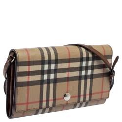 Pre Owned Burberry Malt Brown Vintage Check PVC Hannah Wallet On Strap