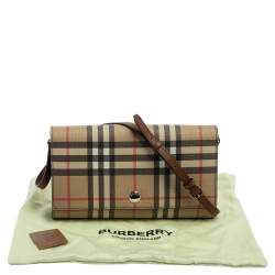 Pre Owned Burberry Malt Brown Vintage Check PVC Hannah Wallet On Strap