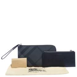 Pre Owned Burberry Charcoal Check Coated Canvas Zip Around Nolan Wristlet Wallet