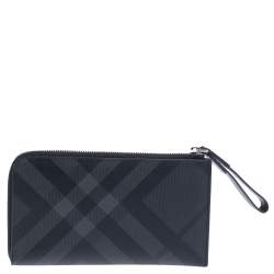 Pre Owned Burberry Charcoal Check Coated Canvas Zip Around Nolan Wristlet Wallet