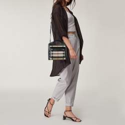 Pre Owned Burberry Black/Beige Latticed Leather Tote
