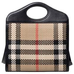 Pre Owned Burberry Black/Beige Latticed Leather Tote