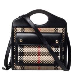 Pre Owned Burberry Black/Beige Latticed Leather Tote