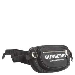 Pre Owned Burberry Black Logo Print Nylon and Leather Trim Bum Belt Bag