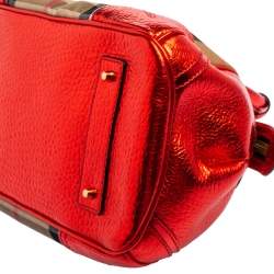 Pre Owned Burberry Metallic Red/Beige Nova Check Canvas and Leather Blaze Satchel