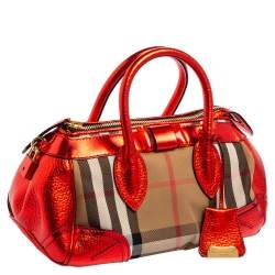 Pre Owned Burberry Metallic Red/Beige Nova Check Canvas and Leather Blaze Satchel