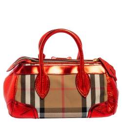 Pre Owned Burberry Metallic Red/Beige Nova Check Canvas and Leather Blaze Satchel
