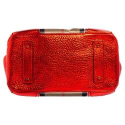 Pre Owned Burberry Metallic Red/Beige Nova Check Canvas and Leather Blaze Satchel