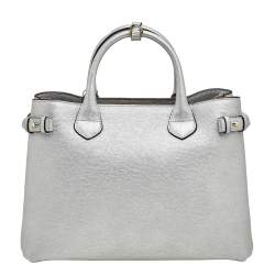 Pre Owned حقيبة يد توتس بربري بانر جلد وكانفاس كاروهات هاوس فضي