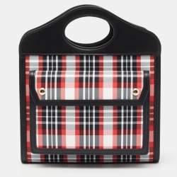 Pre Owned Burberry Black/Red Check Nylon and Leather Mini Pocket Bag