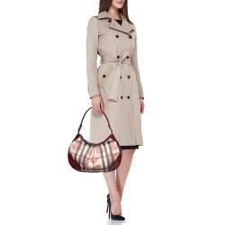 Pre Owned Burberry Red/Beige House Check Heart PVC and Patent Leather Brooklyn Hobo
