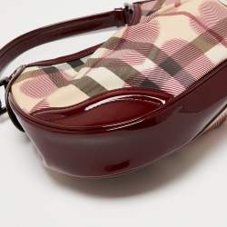 Pre Owned Burberry Red/Beige House Check Heart PVC and Patent Leather Brooklyn Hobo