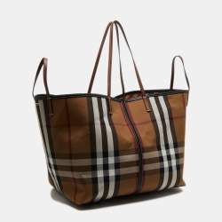 Pre Owned Burberry Birch Brown Check Canvas and Leather Extra Large Beach Tote