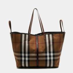 Pre Owned Burberry Birch Brown Check Canvas and Leather Extra Large Beach Tote