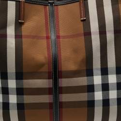 Pre Owned Burberry Birch Brown Check Canvas and Leather Extra Large Beach Tote