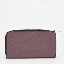 Pre Owned Burberry Purple Textured Leather Zip Around Compact Wallet