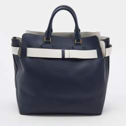 مملوكة مسبقًا Burberry Navy Blue/White Leather Large Belt Bag