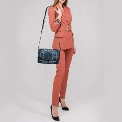 Pre Owned Burberry Blue/Black Denim And Leather Medium Note Logo Print Crossbody Bag