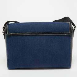 Pre Owned Burberry Blue/Black Denim And Leather Medium Note Logo Print Crossbody Bag