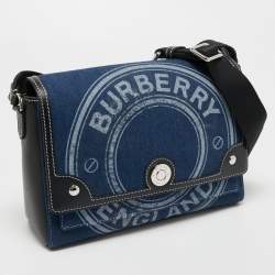 Pre Owned Burberry Blue/Black Denim And Leather Medium Note Logo Print Crossbody Bag