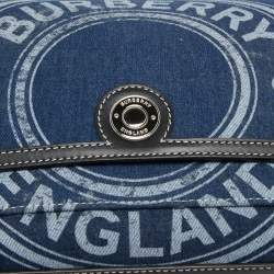 Pre Owned Burberry Blue/Black Denim And Leather Medium Note Logo Print Crossbody Bag