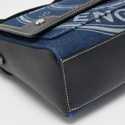 Pre Owned Burberry Blue/Black Denim And Leather Medium Note Logo Print Crossbody Bag