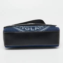 Pre Owned Burberry Blue/Black Denim And Leather Medium Note Logo Print Crossbody Bag