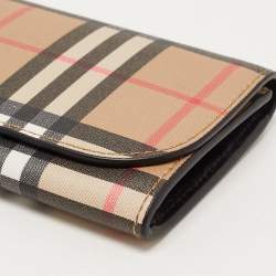 Pre Owned Burberry Beige House Check Coated Canvas Flap Continental Wallet