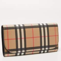 Pre Owned Burberry Beige House Check Coated Canvas Flap Continental Wallet