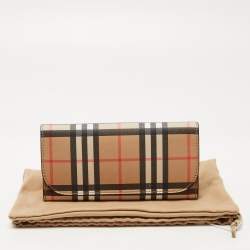 Pre Owned Burberry Beige House Check Coated Canvas Flap Continental Wallet