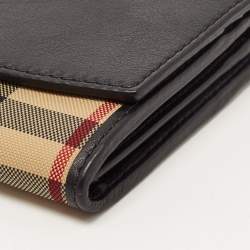 Burberry Black/Beige House Check Canvas and Leather Flap Continental Wallet
