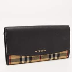Burberry Black/Beige House Check Canvas and Leather Flap Continental Wallet