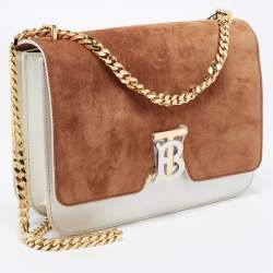 Pre Owned Burberry Brown/White Suede and Leather Medium TB Shoulder Bag