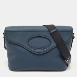 Pre Owned Burberry Blue Leather Large Pocket Messenger Bag