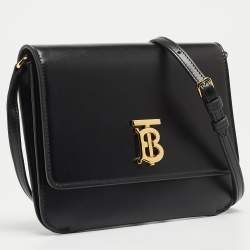 Pre Owned Burberry Black Leather Mini TB Flap Crossbody Bag