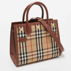 Burberry Brown/Beige Vintage Check Canvas and Leather Mini Title Tote